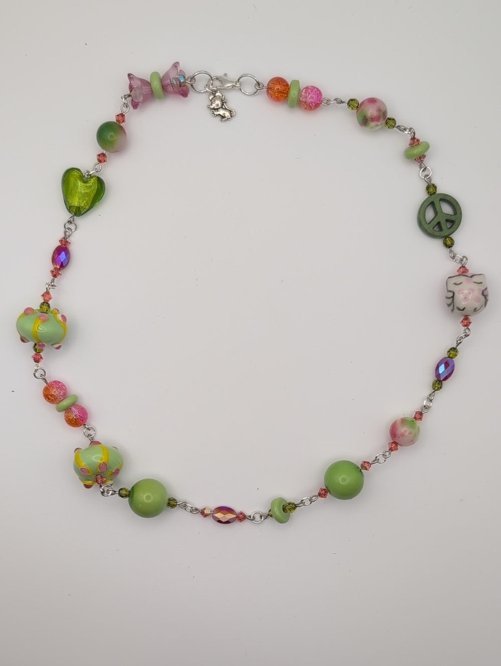 Handmade Green and Pink Garden Fairy Boho Beaded Women's Necklace 19.5"